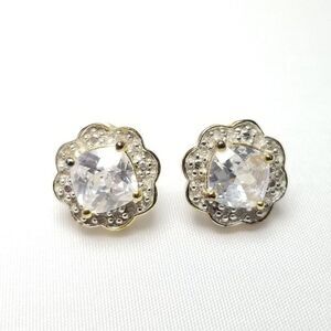 Sterling Silver and CZ Stud Earrings, Halo Design, Gold Wash, Signed DL